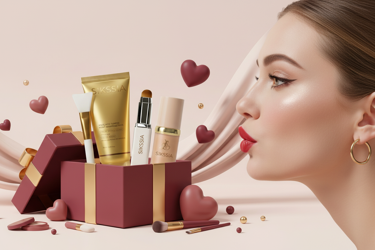 Femme française de profil avec bisou vers le coffret beauté